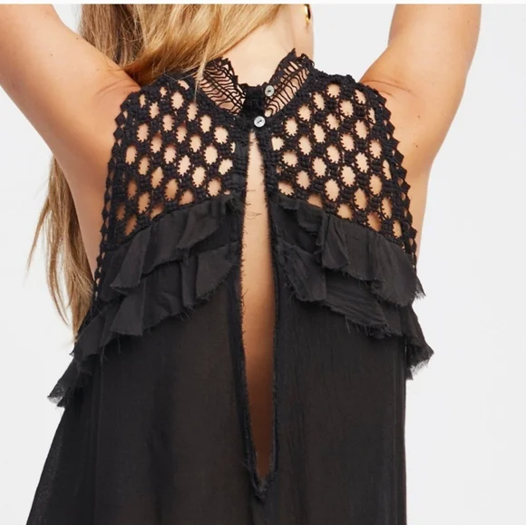 Free People Jolie Mini Dress in Black Small Sleeveless Raw Edge Hem Lace Neck XS - Picture 2 of 3
